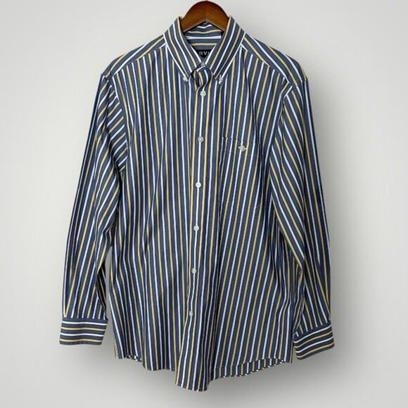 Orvis Striped Button Down Shirt Men's M Blue Yellow White Cotton Long Sleeve - Picture 10 of 10
